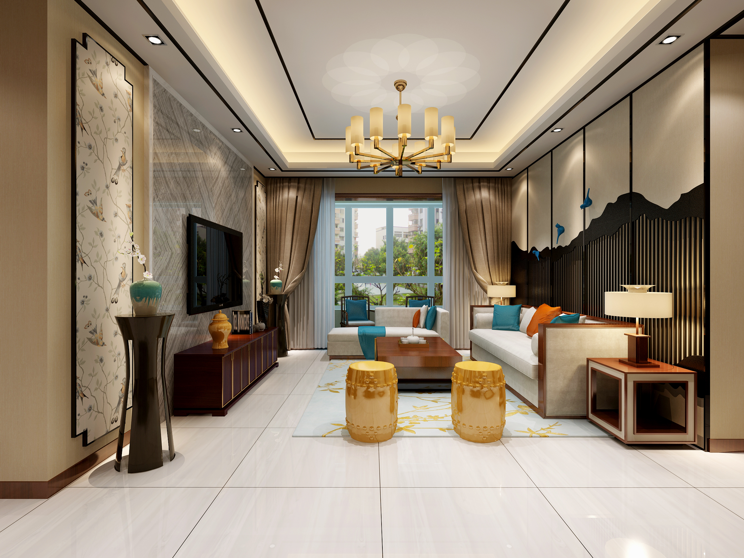 電視背景墻采用大理石來裝飾，兩邊壁紙造型相對稱。沙發(fā)背景墻采用_裝修美圖-新浪家居